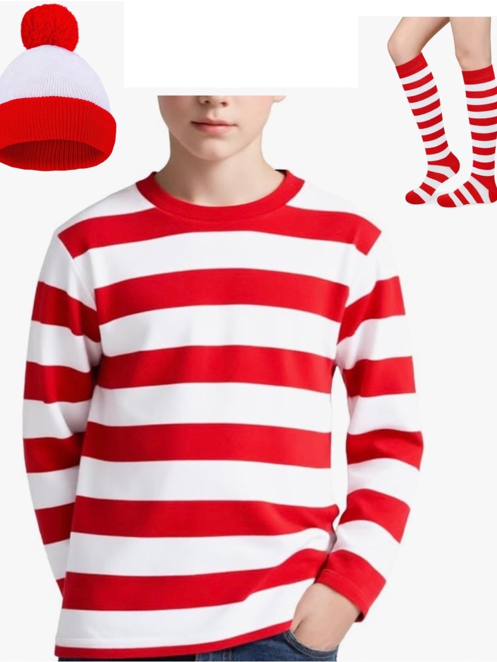 Where’s Waldo Kids Costume Set * Size 10/12 * Shirt Socks Hat * Red White Stripe